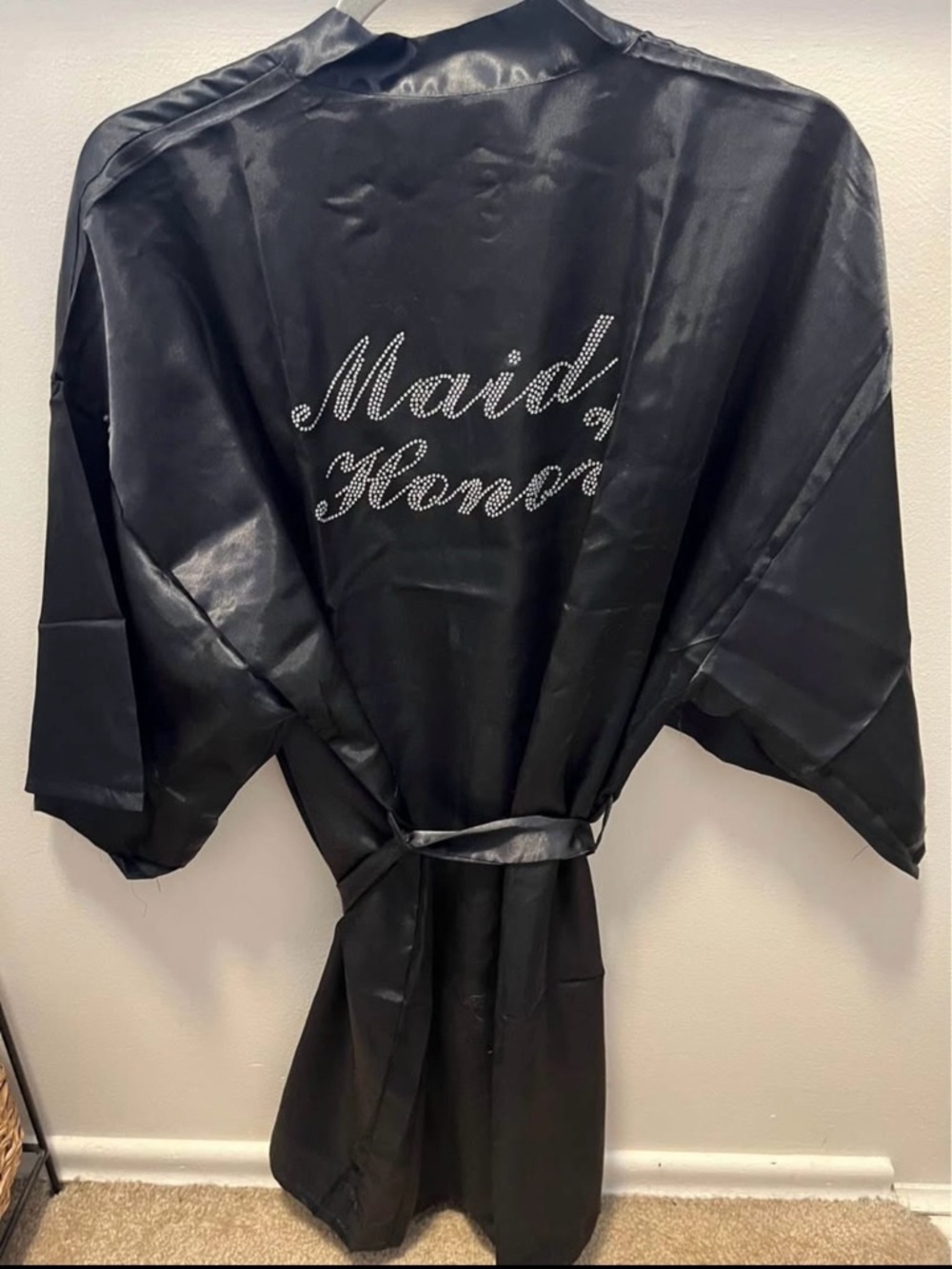 Maid of Honor Black Satin Robe with Rhinestone Script